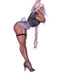  animal_ears bending biceps blue_shorts boku_no_hero_academia dark-skinned_female dark_skin high_heels highres lingerie long_hair mirko muscular muscular_female rabbit_ears rabbit_girl rabbit_tail shadertoons shorts tail thighhighs thighs underwear white_hair 