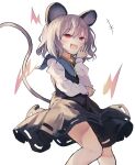  +++ 1girl :d animal_ears ar_(maeus) black_dress blue_capelet blush capelet commentary_request dress fang feet_out_of_frame grey_hair hair_between_eyes hand_up highres laughing long_sleeves looking_afar medium_hair mouse_ears mouse_girl mouse_tail nazrin open_mouth red_eyes shirt simple_background skin_fang sleeveless sleeveless_dress smile solo standing tail tail_raised touhou tsurime white_background white_shirt 