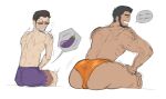  ass ass_focus beard bending_forward black_hair blush copyright_request dialogue_box dokeshin eggplant facial_hair glasses hair_slicked_back hands_on_own_thighs hiding_penis higashi(judgement) highres huge_ass masaharu_kaito(judgement) muscular muscular_male on_ground orange_speedo pale_skin purple_swim_trunks sideburns swimsuit tan thick_beard thick_eyebrows thick_thighs thighs 