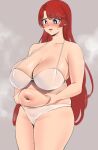  1girl belly belly_grab black_eyes blush bra breasts character_request copyright_request curvy hands_on_own_stomach highres large_breasts long_hair navel panties plump red_hair simple_background steam steaming_body underwear yotamono 