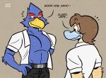 2024 anatid anseriform anthro avian beak belt bird black_bottomwear black_clothing black_pants black_slacks black_text blue_beak bottomwear brown_background brown_hair clothed clothing duck english_text falco_lombardi feathers flirting grey_belt grey_belt_buckle hair hi_res looking_at_chest male muscular muscular_male nintendo open_clothing open_shirt open_topwear orange_beak pants red_body red_feathers seductive shirt simple_background smile solo spanish_text star_fox tadaoardo tan_body tan_feathers text topwear white_dress_shirt white_text