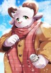  2021 anthro blush bovid caprine clothing fur goat hi_res humanoid_hands kemono male mammal overweight overweight_male scarf snow snowing solo sweater topwear white_body white_fur yukio_ammy 