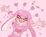  1girl anna_gomesi arms_up closed_eyes commentary_request heart heart_print highres inkling inkling_girl inkling_player_character long_hair loving_aura open_mouth pink_background pink_hair pink_shirt pointy_ears print_shirt shirt simple_background smile solo splatoon_(series) splatoon_3 teeth tentacle_hair translation_request upper_body watermark 