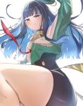  1girl bare_shoulders beret black_hair blue_hair breasts colored_inner_hair eyeliner fate/grand_order fate_(series) green_hat green_jacket grey_eyes hat jacket jewelry long_hair looking_at_viewer makeup multicolored_hair neck_ring off_shoulder shorts sidelocks solo sunglasses tenochtitlan_(fate) tenochtitlan_(second_ascension)_(fate) umi_endu wavy_hair zipper 
