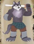 4_fingers 4_toes anthro black_claws black_eyes black_nose bottomwear brown_bottomwear brown_clothing brown_pants canid canine canis claws clothing fangs feet fingers front_view fur govil_(unicorn_overlord) grey_body grey_clothing grey_fur grey_legwear holding_object holding_sword holding_weapon kilt legwear male mammal melee_weapon open_mouth pants peppygrowlithe pose pupils sharp_teeth simple_background smile solo sword tan_background teeth toe_claws toes unicorn_overlord vanillaware weapon white_claws wolf
