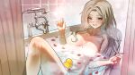  1girl absurdres bath bathing blue_eyes blush breasts collarbone completely_nude gotica grey_hair highres large_breasts lee_rein long_hair mole mole_on_breast mole_under_eye navel nude partially_submerged petals petals_on_liquid rubber_duck shower_curtain smile solo sparkle tile_wall tiles virtual_youtuber vlyz water 