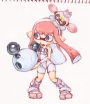  1girl blue_eyes bodysuit boots commentary_request crown drone eatcookie3 floating full_body gun hairband holding holding_gun holding_weapon inkling inkling_girl inkling_player_character long_hair luna_blaster_(splatoon) non-humanoid_robot open_mouth pearl_drone_(splatoon) pink_hair pointy_ears robot simple_background sleeveless sleeveless_bodysuit socks splatoon_(series) splatoon_3 splatoon_3:_side_order standing tentacle_hair thick_eyebrows traditional_media weapon white_background white_bodysuit white_footwear white_hairband white_socks 