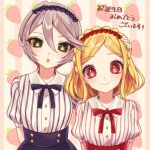  2girls :o ao_(ao0_0nemu) bad_id bad_twitter_id blonde_hair blue_hairband blue_ribbon blue_shirt blue_skirt braid closed_mouth collared_shirt commentary_request crown_braid food fruit gift_art green_eyes grey_hair hair_between_eyes hairband hand_on_another&#039;s_head happy_birthday highres long_hair looking_at_viewer midorikaze_fuwari multiple_girls neck_ribbon open_mouth pretty_series pripara red_eyes red_hairband red_ribbon red_shirt ribbon shikyoin_hibiki shirt short_hair skirt smile strawberry striped_clothes striped_shirt upper_body vertical-striped_clothes vertical-striped_shirt 