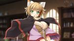 1girl animal_ears animal_hands atelier-moo breasts brown_hair cat_ears cat_girl cat_paws cleavage feline_sora gloves green_eyes hair_between_eyes highres large_breasts long_sleeves multicolored_hair narrow_waist open_mouth paw_gloves short_hair solo standing streaked_hair upper_body wizards_symphony 