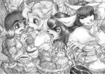 anthro beverage bread breasts clothed clothing detailed_background felid feline female food fur greyscale group hair inside male mammal marudi monochrome nipple_outline nipples open_mouth smile tea teapot tongue traditional_media_(artwork)