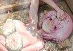  1girl arm_up breasts commentary_request day gishu highres large_breasts looking_at_viewer lying nijisanji nipples on_back paid_reward_available petals pink_eyes pink_hair see-through shiina_yuika smile solo upper_body virtual_youtuber wet wet_clothes 
