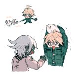  &gt;_&lt; 2boys absurdres ahoge android animal animal_on_head arm_belt basket belt black_scarf blonde_hair checkered_clothes checkered_scarf chibi commentary_request cropped_torso cross-laced_jacket danganronpa_(series) danganronpa_v3:_killing_harmony dog dog_on_head full_body grey_eyes highres holding holding_animal holding_basket holding_dog holding_leash jacket k1-b0 leash male_focus motion_lines multiple_boys multiple_views oma_kokichi on_head open_mouth outstretched_arms pet_walking pomeranian_(dog) romaji_text sarami_(sa_rami30) scared scarf shaded_face short_hair simple_background smile trembling two-tone_scarf white_background white_belt white_dog white_hair white_jacket white_scarf 