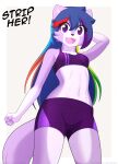 anthro blue_hair bottomwear bra canid canine canis clothing erdfurry female fur green_hair hair hi_res lanna_(erdfurry) looking_at_viewer looking_down looking_down_at_viewer mammal midriff multicolored_body multicolored_fur multicolored_hair orange_hair purple_body purple_clothing purple_eyes purple_fur red_hair shorts simple_background solo sports_bra strip_game two_tone_body two_tone_fur underwear white_background white_body white_fur wolf