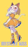  1girl :o boots bow brown_fur calico cat_girl dress english_text frilled_dress frilled_sleeves frills full_body furry furry_female hand_on_own_chin high_heel_boots high_heels highres ichimura_shiho odd_taxi omochiutyu orange_dress orange_eyes orange_footwear puffy_short_sleeves puffy_sleeves short_sleeves solo two-tone_fur white_fur yellow_background yellow_bow 