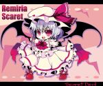  1girl bat_wings bow bowtie character_name chibi english_text engrish_text fang frilled_shirt frilled_skirt frilled_sleeves frills full_body hair_between_eyes hat hat_ribbon hebereke_black medium_hair mob_cap open_mouth pink_background pink_bow pink_bowtie pink_eyes pink_hat pink_shirt pink_skirt puffy_short_sleeves puffy_sleeves purple_hair ranguage red_footwear red_ribbon remilia_scarlet ribbon shirt short_sleeves skirt skirt_set solo touhou v-shaped_eyebrows wings 