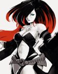  1girl bare_shoulders black_hair blue_eyes breasts clothing_cutout crow_(gravity_daze) gravity_daze gravity_daze_2 greyscale hair_over_one_eye long_hair looking_at_viewer medium_breasts midriff miss_faves monochrome multicolored_hair navel red_hair solo spot_color stomach_cutout two-tone_hair vambraces 