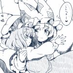 2girls animal_ear_fluff animal_ears blush carrying cat_ears chen closed_mouth commentary_request ear_covers fingernails fox_ears fox_tail frilled_hat frilled_sleeves frills greyscale hat heart highres light_blush long_sleeves looking_at_viewer mob_cap monochrome multiple_girls multiple_tails notice_lines ofuda ofuda_on_clothes outstretched_arm pom_pom_(clothes) princess_carry short_hair simple_background sketch skirt skirt_set smile speech_bubble tabard tail touhou translation_request upper_body usamata vest white_background yakumo_ran 