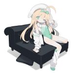  1girl ;) ahoge beret blonde_hair bow couch daizu_(melon-lemon) full_body green_bow green_eyes green_footwear hair_bow hat highres long_hair on_couch one_eye_closed original simple_background smile solo white_background white_beret 