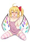  1girl :3 ahoge akasaka_sato alternate_costume ass_visible_through_thighs blonde_hair blush bow breasts collarbone commentary_request crystal fang flandre_scarlet full_body hair_bow hair_ornament hairclip hands_up highres looking_at_viewer medium_hair naked_overalls no_headwear nose_blush one_side_up overalls raised_eyebrow red_bow simple_background sitting slit_pupils small_breasts solo strap_pull striped_clothes striped_thighhighs thighhighs tongue tongue_out touhou wariza white_background wings 