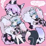 2023 ah_xin_(zhang_gun) anthro blue_hair chinese_text clothing duo felid female hair hi_res kemono looking_at_another mammal pantherine pink_background shirt simple_background size_difference smile snow_leopard text topwear translated xiaohen_(zhang_gun) zhang_gun