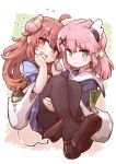  2girls absurdres bag bottle brown_footwear brown_horns carrying chiyoda_momo closed_mouth commentary_request curled_horns demon_girl demon_horns demon_tail green_eyes hair_ornament highres horns kareya loafers long_hair looking_at_viewer machikado_mazoku multiple_girls open_mouth orange_eyes pink_hair princess_carry red_hair school_uniform shoes short_hair smile spring_onion tail x_hair_ornament yoshida_yuuko_(machikado_mazoku) 