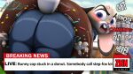 2024 3d_(artwork) angry anthro blush butt butt_focus dessert digital_media_(artwork) disney doughnut english_text female food hi_res judy_hopps judy_stuck_in_donut_redraw lagomorph leporid looking_at_viewer looking_back mammal neondonut news rabbit scut_tail short_tail signature solo source_filmmaker tail text thick_thighs watermark zootopia