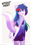 anthro blue_clothing blue_hair bottomwear bra canid canine canis clothing erdfurry female fur green_hair hair hi_res lanna_(erdfurry) looking_at_viewer mammal multicolored_body multicolored_fur multicolored_hair one_eye_closed orange_hair purple_body purple_clothing purple_eyes purple_fur red_hair shirt shorts simple_background solo sports_bra strip_game tank_top topwear two_tone_body two_tone_fur underwear white_background white_body white_fur wolf
