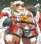  1boy ainu_clothes alternate_costume animal_ears bara bear_boy bear_ears belly brown_fur bulge chest_hair chest_tuft christmas cowboy_shot crotchless_shorts crotchless_underwear facepaint fat fat_man furry furry_male green_eyes headband kimun_kamui_(housamo) looking_at_viewer male_focus muscular muscular_male sack santa_costume scar scar_on_face scar_on_mouth snowing solo tokyo_afterschool_summoners white_hair yazoe 