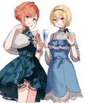  2girls arisugawa_natsuha bare_shoulders blonde_hair blue_dress blush braid brown_nails covered_collarbone cow cowboy_shot cup double-parted_bangs dress drinking_glass fang fur_shawl grey_eyes hair_between_eyes hairband hands_up highres holding holding_cup idolmaster idolmaster_shiny_colors jewelry looking_at_viewer migolu multiple_girls necklace open_mouth orange_hair pearl_necklace purple_eyes saijo_juri see-through see-through_sleeves shawl short_hair simple_background single_braid sleeveless sleeveless_dress white_background wine_glass 