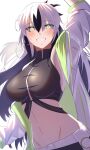  1girl black_hair breasts clothes_over_shoulder coat crop_top cropped_shirt fate/grand_order fate_(series) green_coat green_eyes hair_between_eyes highres jacket long_hair long_sleeves looking_at_viewer midriff multicolored_clothes multicolored_coat multicolored_hair multicolored_jacket navel open_clothes shirt sleeveless smile solo striped_clothes striped_jacket striped_suit suit two-tone_coat two-tone_hair two-tone_jacket uesugi_kenshin_(fate) uesugi_kenshin_(second_ascension)_(fate) umi_endu white_hair white_jacket 