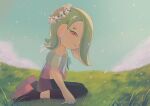  1girl black_pants blue_sky cephalopod_eyes chest_sarashi closed_mouth cloud commentary_request earrings flower_earrings flower_wreath full_body hair_over_one_eye head_wreath highres horizon jewelry long_hair nyu_mame octoling on_grass pants red_eyes sarashi shiver_(splatoon) sitting sky smile solo splatoon_(series) splatoon_3 tentacle_hair wariza 