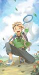  1boy :d ame_wo_tsugeru_hyouryuu_danchi artist_name backpack bag black_pants blue_sky brown_eyes brown_hair butterfly_net cloud day flower goggles goggles_around_neck green_shirt hand_net headband jacket koiwai_taishi leaf male_focus outdoors pants shirt shoes short_hair sky smile sneakers solo tayuji 