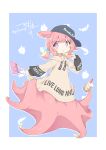  1girl artist_logo artist_name bag baseball_cap blonde_hair blue_background blush colored_skin commentary crab cup english_text flat_chest handbag hat holding holding_cup hood hoodie looking_at_viewer monster_girl murabatodenki octopus original parted_lips pink_eyes pink_hair pink_skin scrunchie shrimp simple_background solo symbol-only_commentary tentacle_hair tentacles webbing yellow_skin 