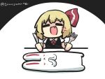  1girl =_= anger_vein animal_ears black_vest blonde_hair closed_eyes commentary_request crying fang fork goma_(gomasamune) hair_ribbon highres holding holding_fork holding_knife knife necktie open_mouth own_hands_together rabbit rabbit_ears ribbon rumia shaded_face short_hair short_sleeves touhou twitter_username vest 