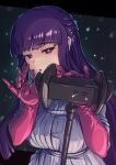  1girl asmr binaural_microphone blowing_in_ear blunt_bangs blush button_dress dress elbow_gloves fern_(sousou_no_frieren) gloves hair_ornament highres leather leather_gloves long_hair microphone purple_eyes purple_hair purple_pupils red_gloves solo sousou_no_frieren straight_hair tokiatm twitter_username uncommon_stimulation white_dress 