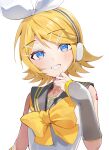  1girl absurdres bare_shoulders blonde_hair blue_eyes blush bow bowtie detached_sleeves diamond-shaped_pupils diamond_(shape) grin hair_bow hair_ornament hairclip hand_up head_tilt headphones highres inubangarou kagamine_rin looking_at_viewer medium_hair neckerchief sailor_collar shirt simple_background smile solo spiked_hair swept_bangs symbol-shaped_pupils upper_body vocaloid white_background white_shirt yellow_neckerchief yellow_trim 