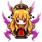  1girl animal_ears black_dress blush_stickers chibi dress full_body junko_(touhou) kemonomimi_mode long_dress long_hair long_sleeves looking_at_viewer magic multiple_tails neck_ribbon no_mouth no_nose orange_hair pixel_art red_eyes red_tabard ribbon ribbon-trimmed_dress ribbon-trimmed_sleeves ribbon_trim shinonome_asu simple_background solo standing tabard tail touhou twitter_username watermark white_background yellow_ribbon 