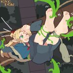  1girl absurdres arms_up artist_name barefoot blonde_hair blue_capelet blue_dress bound bow braided_sidelock capelet dress dungeon_meshi eyelashes feet foot_focus full_body green_eyes grey_background hair_bow highres kingdom_(user_ysav4824) marcille_donato midair open_mouth parted_bangs pixel_art plant pointy_ears red_bow restrained sidelocks soles solo tickling tickling_feet toes vines 