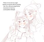  286456006 2girls blush cellphone character_request closed_mouth cone_hair_bun double_bun finger_heart genshin_impact hair_bun heart holding holding_phone keqing_(genshin_impact) meme monochrome multiple_girls phone scarf selfie simple_background smartphone smile v white_background yuri 