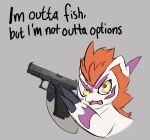 bandai_namco claws digimon digimon_(species) english_text feral fur gomamon gun hair handgun humor karacal male pistol ranged_weapon red_hair solo text weapon white_body white_fur yellow_eyes