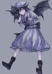  1boy androgynous arms_behind_back ascot bat_wings black_ascot black_ribbon boots commentary_request cosplay cross-laced_footwear crossdressing danganronpa_(series) danganronpa_v3:_killing_harmony flipped_hair full_body grey_background hair_between_eyes hat hiragi_(pixiv_22813699) lace-up_boots looking_at_viewer looking_to_the_side male_focus mob_cap muted_color oma_kokichi puffy_short_sleeves puffy_sleeves purple_eyes purple_hair remilia_scarlet remilia_scarlet_(cosplay) ribbon short_hair short_sleeves skirt smirk solo touhou wings 