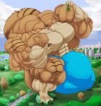  2016 3_toes 5_fingers anthro balls big_balls big_bulge big_muscles big_penis brown_body brown_fur bulge city clothed clothing day feet fierglief fingers fur genitals grin hair hi_res holding_object huge_balls huge_bulge huge_muscles huge_penis hyper hyper_balls hyper_bulge hyper_genitalia hyper_muscles hyper_penis macro male mammal multicolored_hair muscular park penis plant road rob_(rgmbleh) rodent sciurid sky smile solo toes tree underwear underwear_only veiny_muscles 