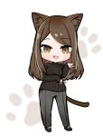  1girl :3 animal_ears arm_under_breasts black_footwear black_sweater breasts brown_eyes brown_hair cat_ears cat_girl cat_tail chibi cigarette full_body grey_pants hand_up highres holding holding_cigarette kansai_neko_(yani_neko) large_breasts long_hair long_sleeves looking_at_viewer mayuko_(mayumaaaaaro) open_mouth pants paw_print paw_print_background ribbed_sweater shoes simple_background smile solo standing sweater tail white_background yani_neko 