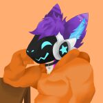 1:1 absurd_res ambiguous_gender anthro blue_eyes blue_inner_ear clothed clothing collar digital_media_(artwork) digital_painting_(artwork) ear_piercing fur furniture hair hi_res hoodie icon leaning leaning_forward machine male name_tag novabyte orange_background piercing protogen protogen_visor purple_hair shaded simple_background solo solo_focus table topwear