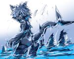  ambiguous_gender anthro blue_eyes butt changed_(video_game) exepresso fin fish grey_body hair hi_res looking_at_viewer marine partially_submerged shark shark_tail simple_background solo splash stripes the_shark_(changed) white_background white_body white_hair 