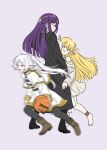  3girls :d ball barefoot basketball basketball_(object) black_coat black_pantyhose blonde_hair blunt_bangs boots breasts brown_footwear cape coat dress elf feet fern_(sousou_no_frieren) frieren full_body gold_trim green_eyes highres large_breasts long_hair long_sleeves looking_at_another motion_blur multiple_girls open_clothes open_coat pantyhose pointy_ears purple_eyes purple_hair robe serie_(sousou_no_frieren) shirt simple_background smile sousou_no_frieren striped_clothes striped_shirt toes truffleduster twintails white_background white_cape white_dress white_hair white_robe 