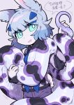 2023 anthro blue_hair bottomwear chinese_text clothed clothing duo female fur hair hi_res kemono lagomorph leporid long_tail mammal pants pink_background pupils rabbit reptile scalie simple_background smile snake tail teal_eyes text weibo weibo_logo white_body white_fur white_pupils zhang_gun