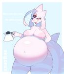  3_eyes anthro big_breasts big_butt bodily_fluids breasts butt female heterochromia hi_res huge_breasts humanoid hyper hyper_breasts hyper_pregnancy lactating looking_at_viewer multi_eye pink_body pregnant pregnant_female reptile scalie shark_tail solo striped_body stripes text thick_thighs zegorav 