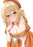  1girl beret blonde_hair blush breasts cleavage closed_mouth commentary_request detached_collar dress finger_to_mouth hair_down hat highres looking_at_viewer love_live! love_live!_nijigasaki_high_school_idol_club medium_breasts mei_hinamatsu miyashita_ai orange_dress orange_eyes orange_hat sidelocks smile solo standing upper_body white_background 