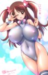  1girl breasts brown_eyes brown_hair covered_navel covered_nipples highleg highleg_leotard huge_breasts impossible_clothes impossible_leotard kamogawa_tanuki legs_together leotard long_hair looking_at_viewer mizuhara_hayari one_eye_closed saki saki_achiga-hen shiny shiny_clothes shiny_hair shiny_skin solo two_side_up white_leotard 